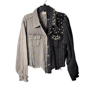 POL Y2K Distressed 2 Tone Denim Jacket Pearl Stud Frayed Hem Snap Ladies Medium